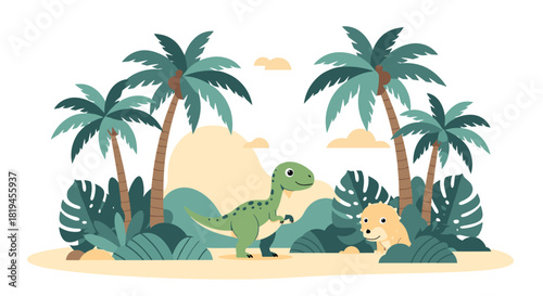 Cute cartoon illustration of two friendly dinosaurs in a prehistoric jungle landscape with palm trees and plants.