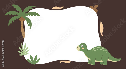 Cute dinosaur-themed frame with a friendly green brontosaurus and a palm tree on a dark brown background.