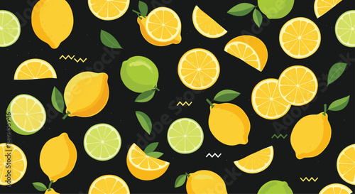 Fun seamless citrus fruit pattern with lemons and limes on a black background decorated with abstract geometric shapes.