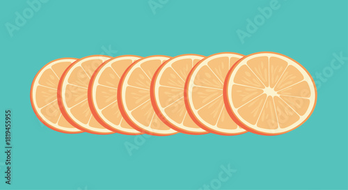 Minimalist graphic illustration of a row of seven overlapping orange slices on a solid bright teal background.