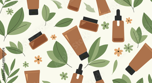 Seamless pattern of natural and organic cosmetic products in brown packaging with green leaves and small flowers.