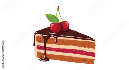 Delicious slice of chocolate and cherry layer cake topped with dripping chocolate glaze and two fresh cherries.