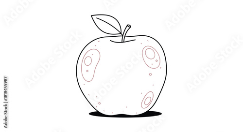 Minimalist black and white line art illustration of a single apple with a leaf and subtle shading details.