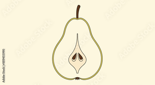 Minimalist and modern line art illustration of a pear cut in half showing the core and seeds inside.
