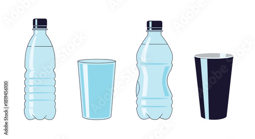 Simple flat design set of plastic water bottles and drinking glasses for hydration and refreshment concepts.