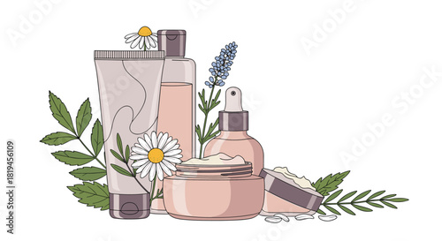 Elegant composition of natural skincare products with chamomile and lavender flowers for a calming beauty routine.