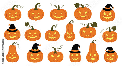 Large festive set of various carved Halloween pumpkins with glowing faces some wearing witch hats for decoration.