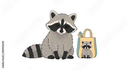 Adorable illustration of a cute mother raccoon sitting next to a tote bag with a baby raccoon peeking out.