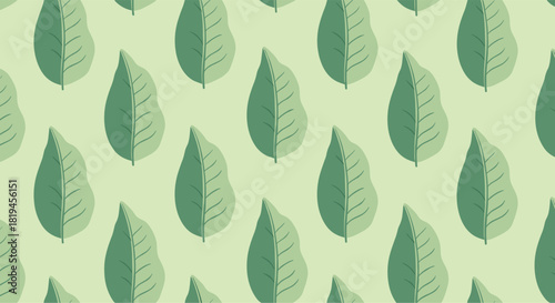 Simple and modern seamless pattern of stylized two-tone green leaves on a light green background for a natural look.
