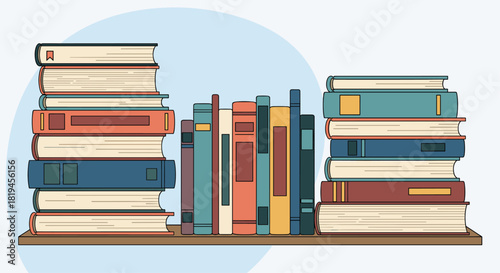 Line art illustration of a bookshelf filled with stacks of colorful books representing a library or bookstore.