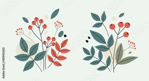 Beautiful hand-drawn vector compositions of branches with red berries and colorful leaves in a modern flat botanical style.