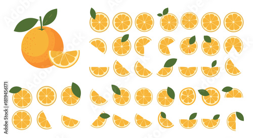 A comprehensive set of flat vector illustrations showing whole oranges and various slices perfect for healthy food designs.