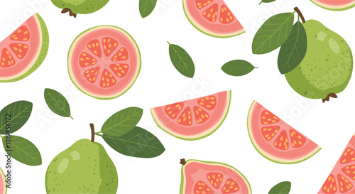 Vibrant seamless vector pattern featuring whole green guavas pink fruit slices and leaves for a fresh tropical background design.