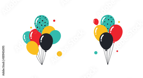 Two vibrant bunches of colorful party balloons in a flat vector style perfect for birthday celebrations and festive decorations.
