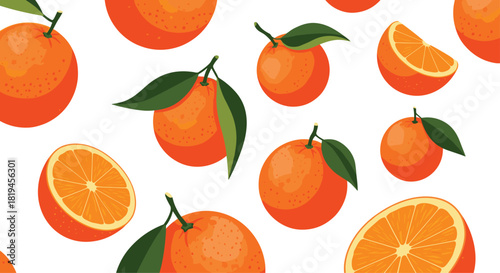Fresh and vibrant seamless vector pattern with whole oranges juicy slices and green leaves scattered on a white background.