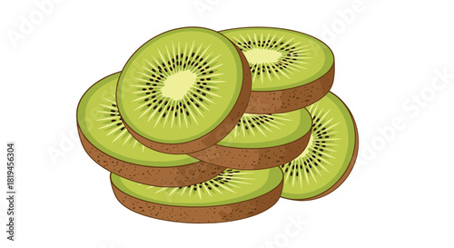 A fresh pile of vibrant green kiwi fruit slices with black seeds and brown skin stacked together in a vector illustration.
