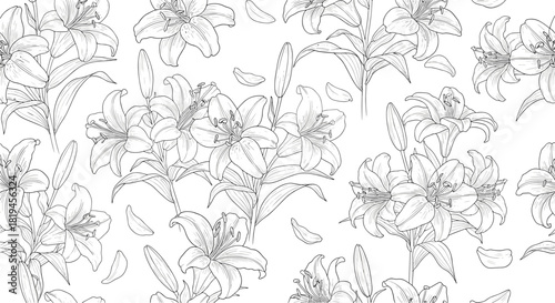 Elegant seamless vector pattern featuring detailed hand-drawn lily flowers and petals in a beautiful black and white line art style.