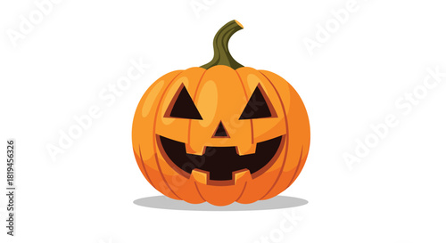Classic carved Halloween jack-o-lantern pumpkin with a spooky smiling face and stem isolated on a plain white background.