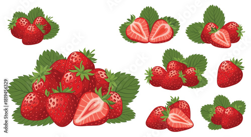 A complete set of ripe red strawberry vector illustrations showing whole berries sliced halves and bunches with green leaves.