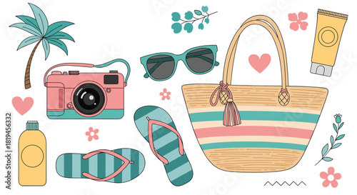 A cute collection of hand-drawn summer beach vacation essentials including a bag sunglasses camera and flip-flops for travel.