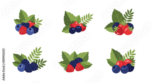 A collection of fresh forest berries compositions with strawberries blueberries raspberries and blackberries mixed with green leaves.