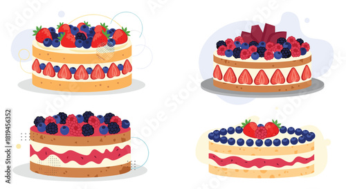 A delicious set of four beautifully decorated cakes topped with a variety of fresh berries like strawberries and blueberries.