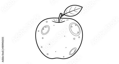 Simple black and white outline of a shiny apple with a single leaf perfect for a children's coloring book page activity.