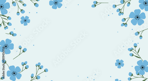 A beautiful and gentle floral background or frame with pretty light blue flowers and buds with space for text in the center.