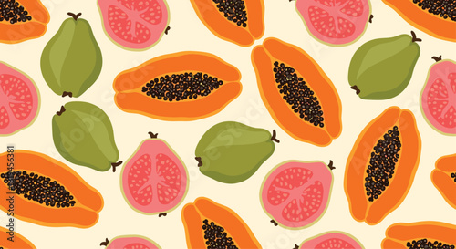 A colorful and fun seamless tropical fruit pattern featuring whole and sliced pink guavas and orange papayas with seeds.
