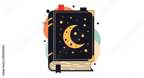 A magical book of spells or fairy tales with a crescent moon on the cover in a flat modern vector illustration style.