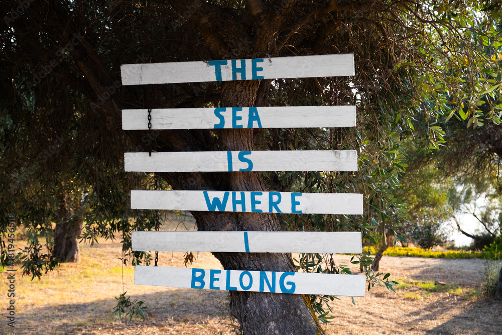 White wooden plaques with ocean-related phrases mounted on an olive tree