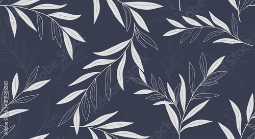 An elegant and modern seamless vector pattern of white and outlined eucalyptus or olive branches on a dark blue background.