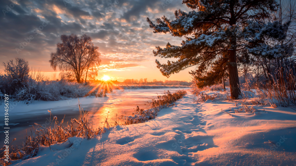 Naklejka premium Winter sunset over a snowcovered river with frosted trees and golden light , ai generated image.
