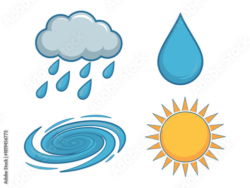 Icons representing weather phenomena like rain and sun.