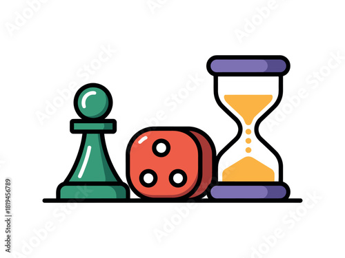 A pawn, a die, and an hourglass are displayed together.