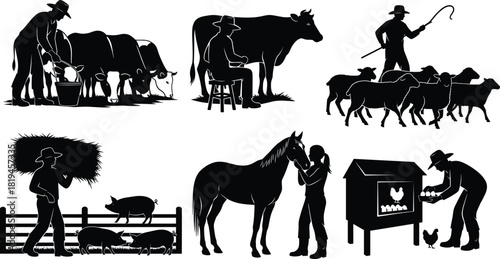 Silhouette Vector of Farmers Performing Livestock Care, Egg Collection, Hay Transport, and Animal Grooming in Rural Scenes