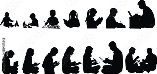 Silhouette Vector Illustrating Learning Progression from Childhood to Adulthood Through Reading, Writing, Mentoring, and Educational Activities