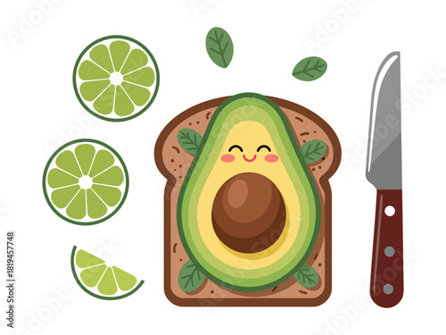 A happy avocado toast with lime slices and a knife.