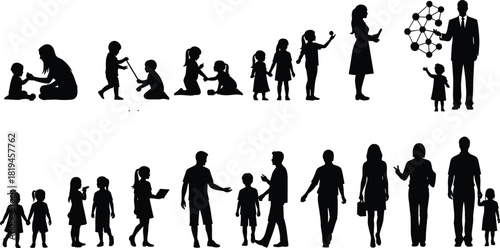Silhouette Vector Illustrating Human Development from Infancy to Adulthood Through Learning, Interaction, and Social Growth Stages