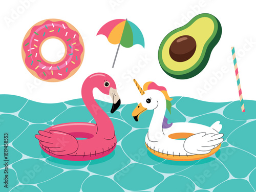 Summer pool party with inflatable toys and umbrella