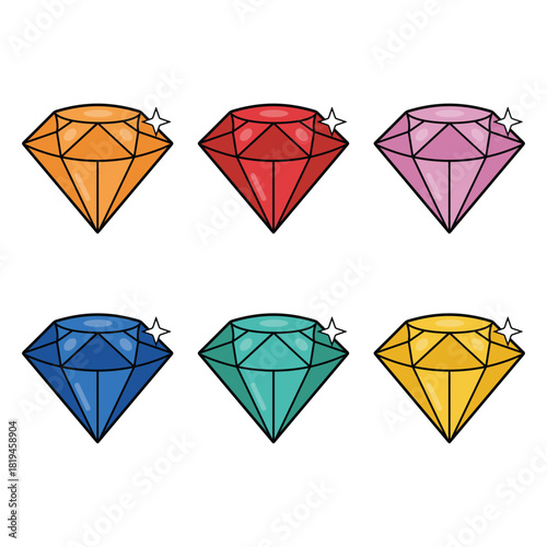 Collection of Six Colorful Cartoon Diamonds with Outlines and Sparkles Isolated on White Background Vector Illustration