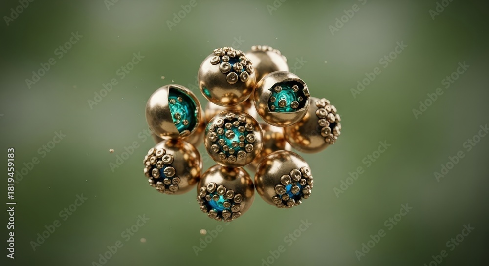 Naklejka premium Abstract Gold Spheres with Intricate Blue Details Cluster Together Against a Soft Green Background Perfect for Concepts Like Luxury Innovation and Advanced Technology