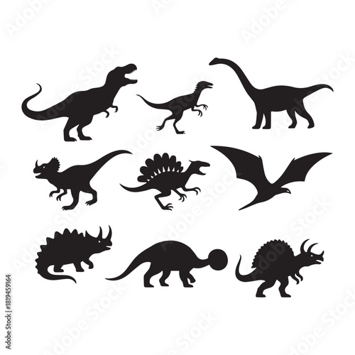 A collection of nine black silhouettes featuring various types of dinosaurs. 