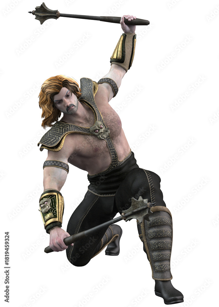 Obraz premium Warrior stands wielding spiked maces in both hands. He wears detailed armor on shoulders, forearms, and legs, with a muscular build and long, embodying strength and combat readiness. 3D Illustration