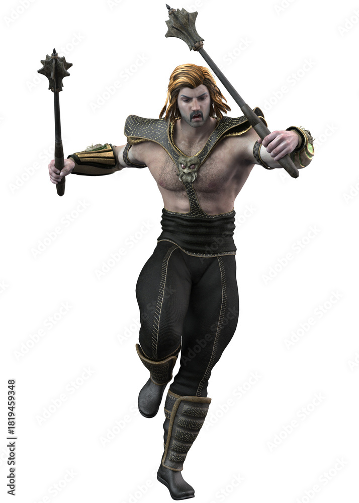 Obraz premium Warrior stands wielding spiked maces in both hands. He wears detailed armor on shoulders, forearms, and legs, with a muscular build and long, embodying strength and combat readiness. 3D Illustration