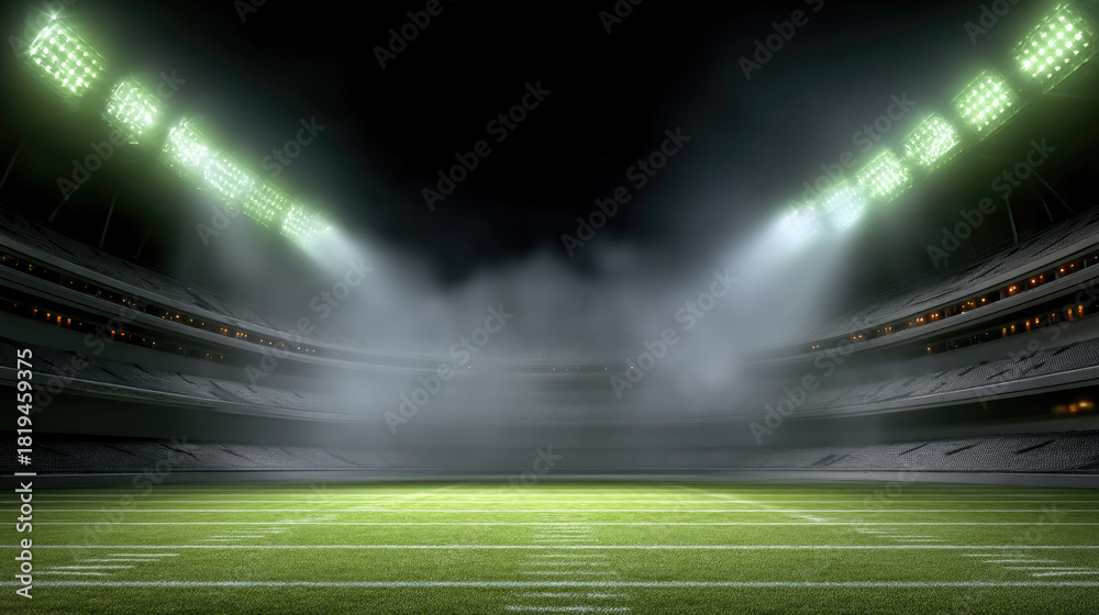 Naklejka premium Football stadium with bright lights, green grass field, dramatic night atmosphere, empty seats, and misty air create excitement