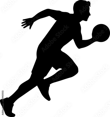 Fotografie Dynamic silhouette of a male basketball player dribbling swiftly down the court, captured mid-action, radiating energy and competitive spirit for sports designs