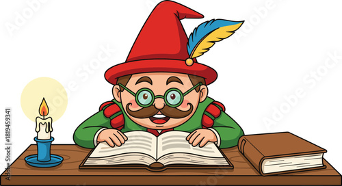 Cartoon character reading book, fantasy outfit, storytelling scene, vector illustration, candlelight table, magical theme, educational art, whimsical design