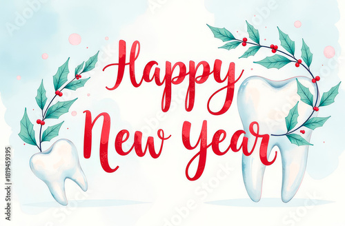 Teeth with branches on a watercolor background. Happy New Year greeting card.