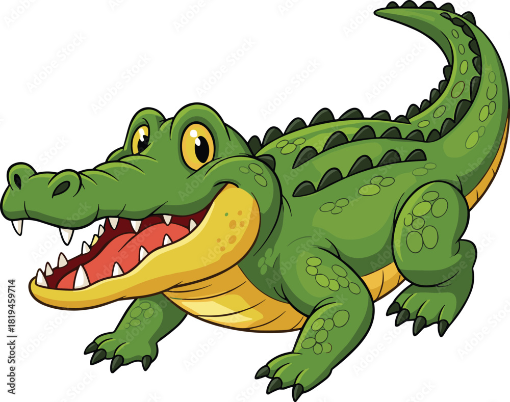 Naklejka premium Cartoon crocodile, green body, yellow belly, friendly face, walking pose, open mouth, sharp teeth, vector art, children theme, white background